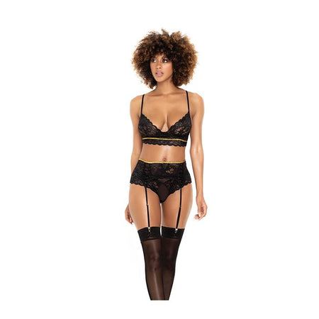 Lace Underwire Bra, Thong & Garterbelt w/Lace Up Detail Black